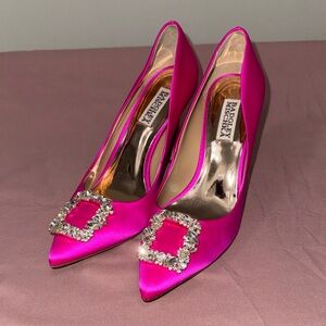 Badgley Mischka Fuchsia Satin Heels with Crystal Buckle